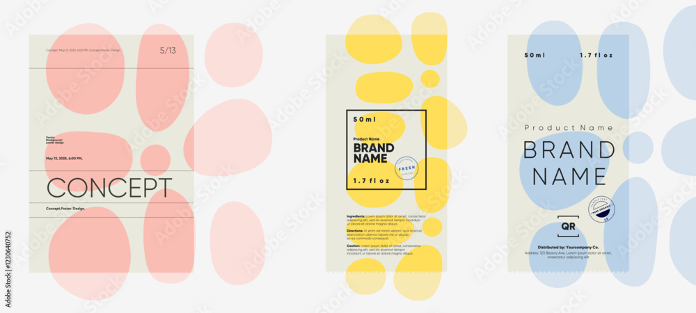Poster conceptual poster and label design with soft geometric forms and structured typography. perfect for 