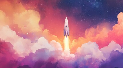 Upon a watercolor background, a rocket ship flies with clouds and stars. An idea for launching a company from scratch and ascent through strategic planning