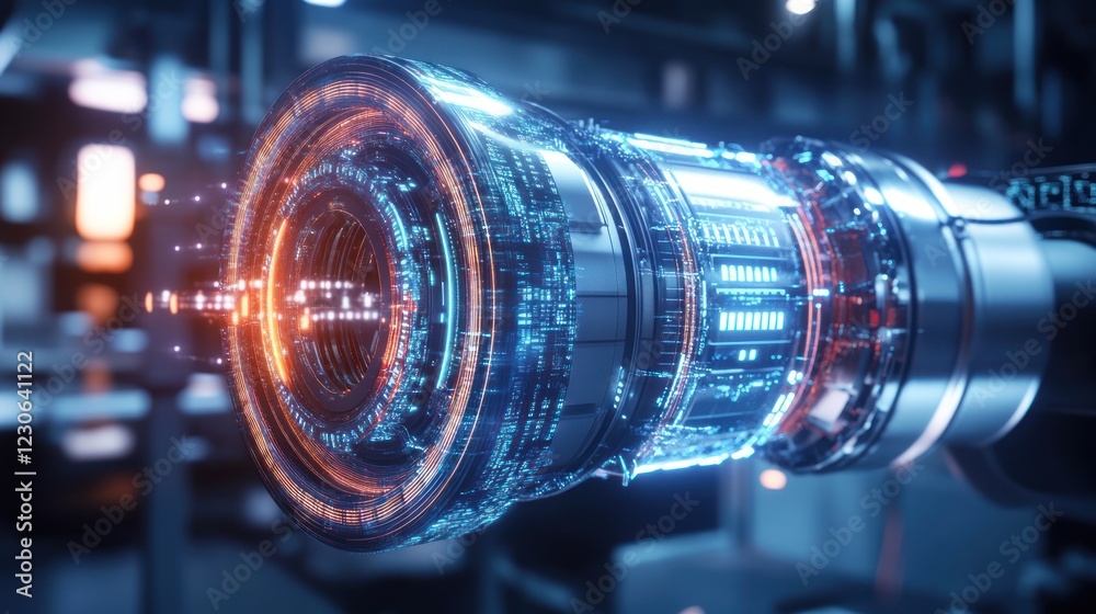 Poster Futuristic Engine Design Illuminated With Digital Data Overlay