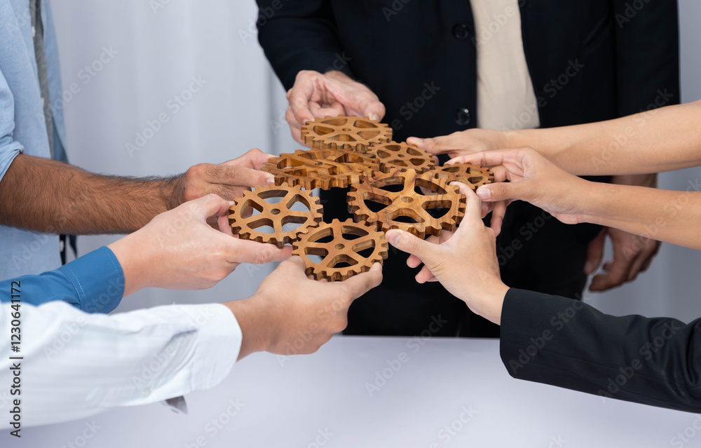 Poster business team joining cogwheel in circular together symbolize successful group of business partnersh