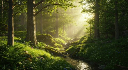 Obraz premium Lush Green Forest with Sunlight, Moss, and Towering Trees