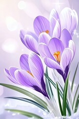 Naklejka premium Delicate purple crocuses bloom through melting snow under soft sunlight, creating a serene and refreshing atmosphere in early spring