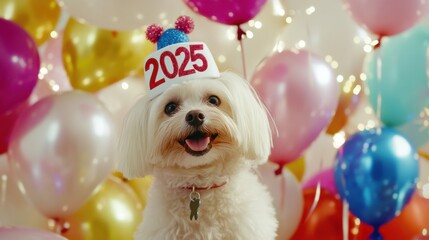 Playful Maltese Dog with "2025" Hat Surrounded by New Year&rsquo;s Balloons and Party Decorations: Cheerful Celebration for Playful Holiday Content and Celebratory Promotions.