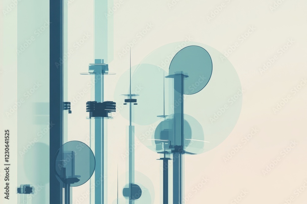 Poster abstract structures featuring circular and vertical elements against a soft gradient background