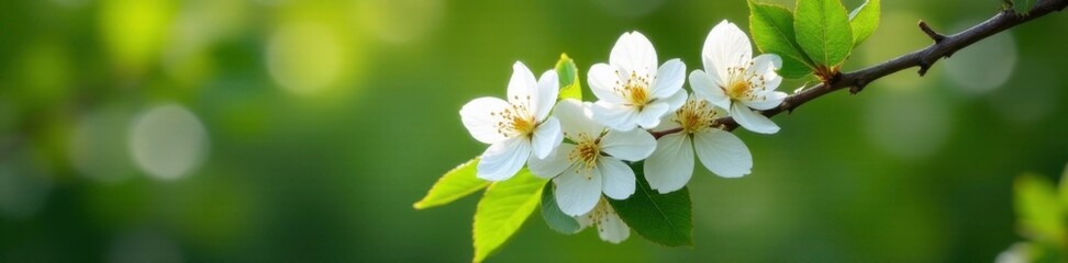 Fototapeta premium White acacia blooms on a branch with lush foliage, tree blossoms, foliage, botanical garden
