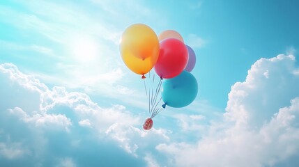 Fototapeta premium Colorful balloons floating in a sunny blue sky with fluffy white clouds beautiful summer day joy fun