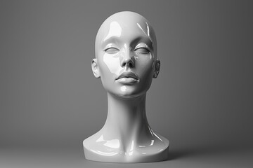 A shiny white mannequin head set against a neutral background showcases sophistication.