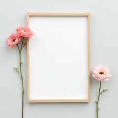 Empty photo frame with flowers on a light gray background, top view, minimalist