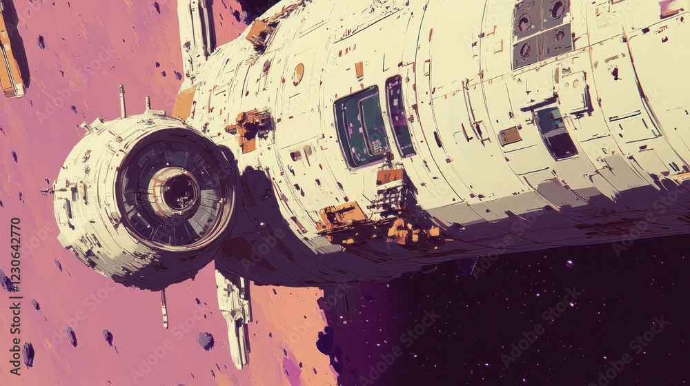 Poster spaceship orbiting a pink planet amidst asteroids