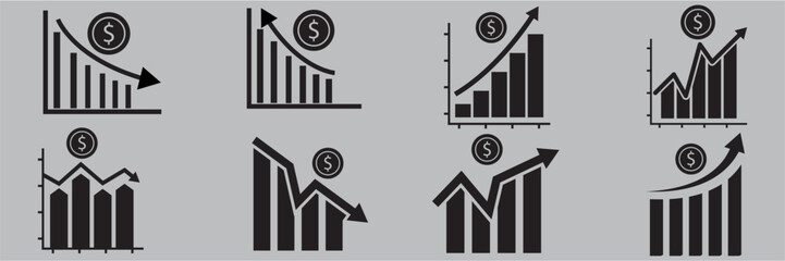 Obraz premium Business growth chart icon set, profit increase, up and down arrow, market, investment, business, finance