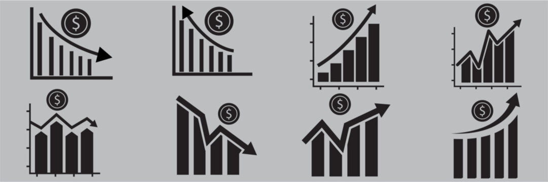 Business growth chart icon set, profit increase, up and down arrow, market, investment, business, finance