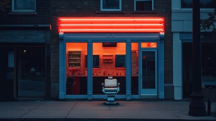 Naklejka premium Neon Sign Illuminates Empty Barbershop Chair