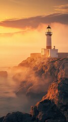 Coastal Lighthouse Sunset Foggy Cliffs Seascape