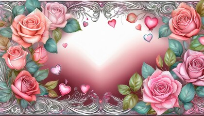 beautiful seamless pattern border frame with hearts and beautiful roses copy space