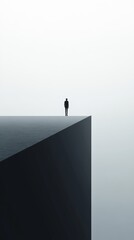 A solitary figure stands on the edge of a geometric structure, highlighting themes of solitude and minimalism.
