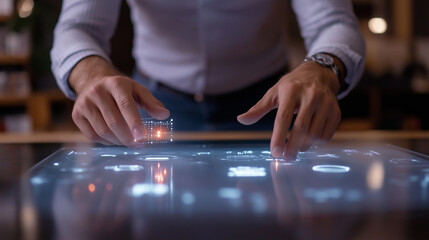 A pair of hands hovering over a holographic interface, selecting glowing 3D icons in midair, with reflections on a sleek glass desk.