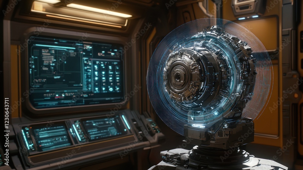 Poster futuristic technology device in spaceship control room