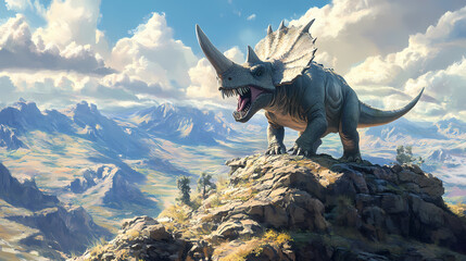 Fototapeta premium A triceratops roaring from a rocky cliff, overlooking a vast prehistoric valley. Amber Valley. Illustration