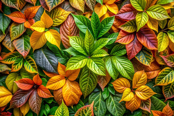 Naklejka premium A vibrant collage of leaves in various shades of green, gold, orange, and red, showcasing the beauty of nature's seasonal transformation.