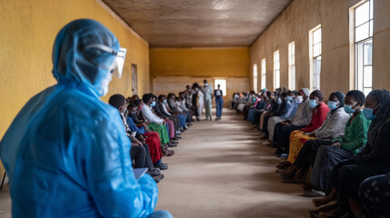 A vaccination drive in a community hall, with healthcare workers in PPE assisting patients seated in orderly rows.