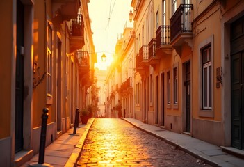 Fototapeta premium Golden Hour Sunset Street in Portugal Cobblestone Alley