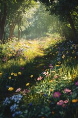 Fototapeta premium Sunlit Path Through a Colorful Flower Meadow