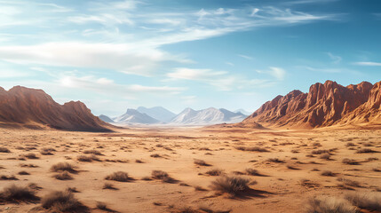 Naklejka premium Expansive desert landscape with a shimmering sandy background sun baked rock formations sparse desert vegetation and a distant mirage like shimmer. Amber Valley. Illustration