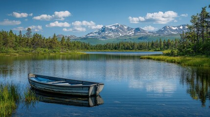 Obraz premium Serene Mountain Lake with Old Boat and Lush Greenery in Summer