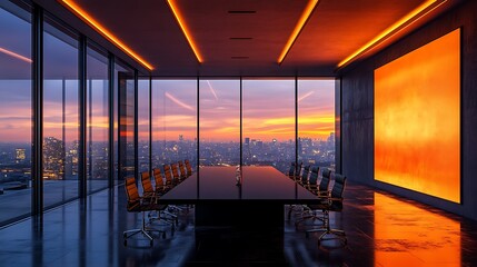 Fototapeta premium a modern, high-rise conference room or office space with a breathtaking panoramic view of a cityscape at sunset or sunrise