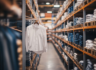 White shirt hangs in warehouse aisle, stacks of folded clothes fill shelves.