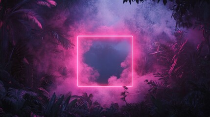 Pink Neon Square in a Tropical Foggy Forest