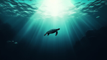 A turtle swimming gracefully above a coral reef, surrounded by fish and soft waves of underwater light.