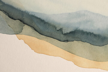 Art Smoke Watercolor Acrylic Wave lines landscape painting wall. Abstract texture blue, beige gray...