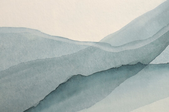 Art Smoke Watercolor Acrylic Wave landscape painting wall. Abstract texture blue, beige gray color curve background.