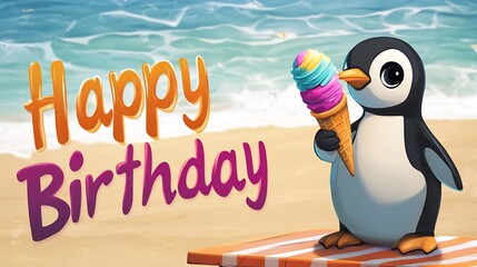 Naklejka premium Cute penguin on beach holding ice cream happy birthday summer fun card ocean waves sweet animal