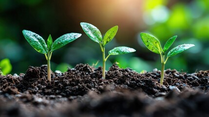 Fototapeta premium Fresh Green Seedlings Growing in Soil with Sunlight Background
