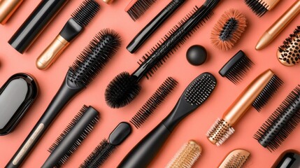 Fototapeta premium Assortment of Black and Rose Gold Hairbrushes on Coral Background