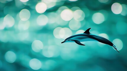   A dolphin gracefully glides through azure waters with vibrant hues of light dancing in the distance