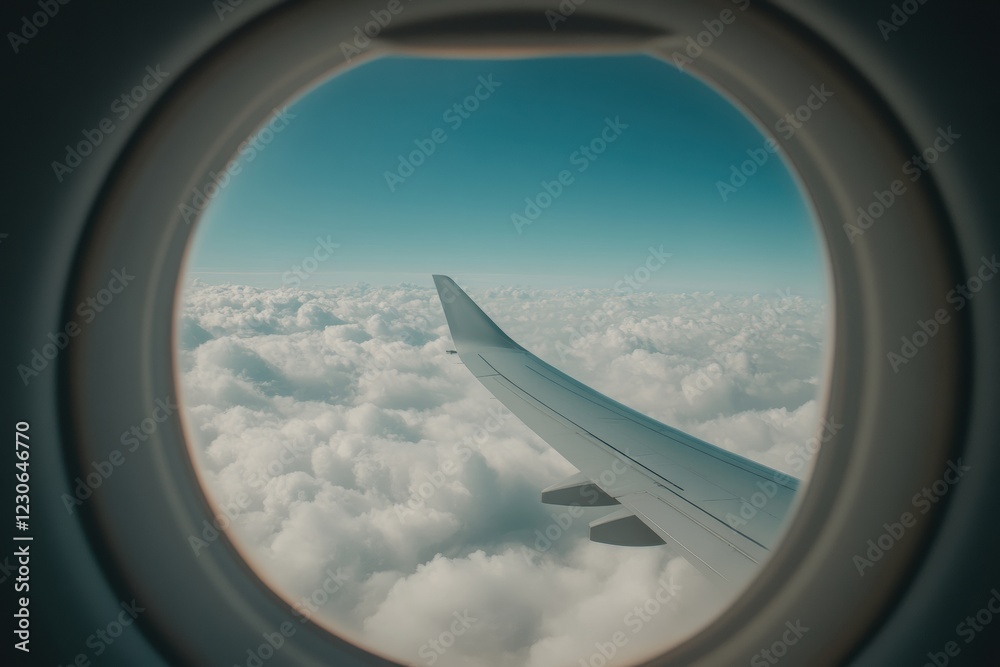 Aufkleber view from airplane window showing wing over fluffy clouds with bright blue sky beyond the glass. gen