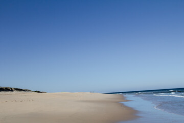 A beautiful beach with fine golden sand stretches along the Rota Vicentina trail, inviting visitors to explore its tranquil shores and enjoy the natural beauty of Portugal’s coast