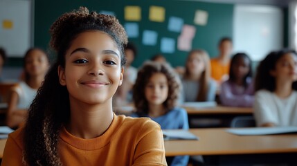 Happy african american schoolgirl smiling in classroom with classmates kids youth child smile people