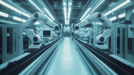 Fototapeta premium A modern factory with robotic arms on an assembly line, with LED lights illuminating the scene