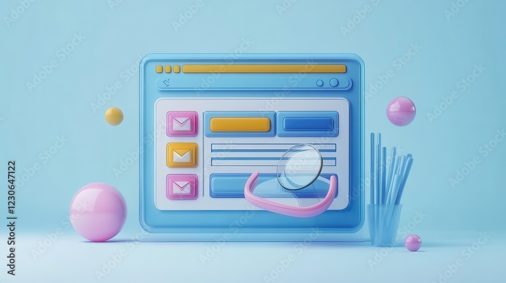 Poster Futuristic 3D Rendering of Search Engine Results Page with Animated Rotating Icons and Popping Text Elements