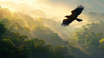 Obraz premium A majestic bird soaring above a verdant forest teeming with towering trees and sun-kissed hillsides