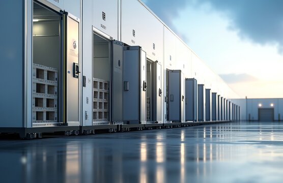 Modern refrigerated storage units with open doors revealing pallets, situated on a reflective floor under a twilight sky.