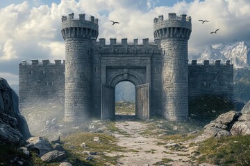 Majestic castle entrance surrounded by mountains and clouds at dusk