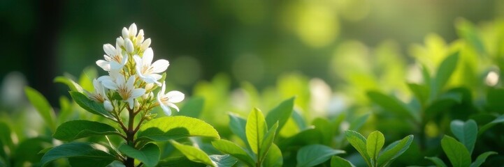 White acacia flowers unfolding amidst lush foliage, spring flowering, wildflowers, botanical garden