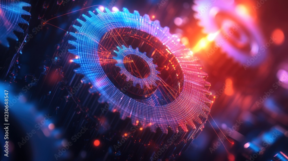 Poster interconnected digital gears rotating in vivid hues