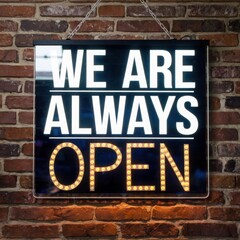 Fototapeta premium Vintage Illuminated 'We Are Always Open' Sign