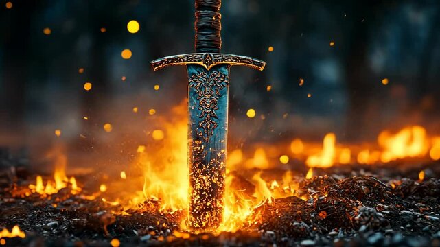 Sword plunged into fiery ground amidst glowing embers in a darkened landscape